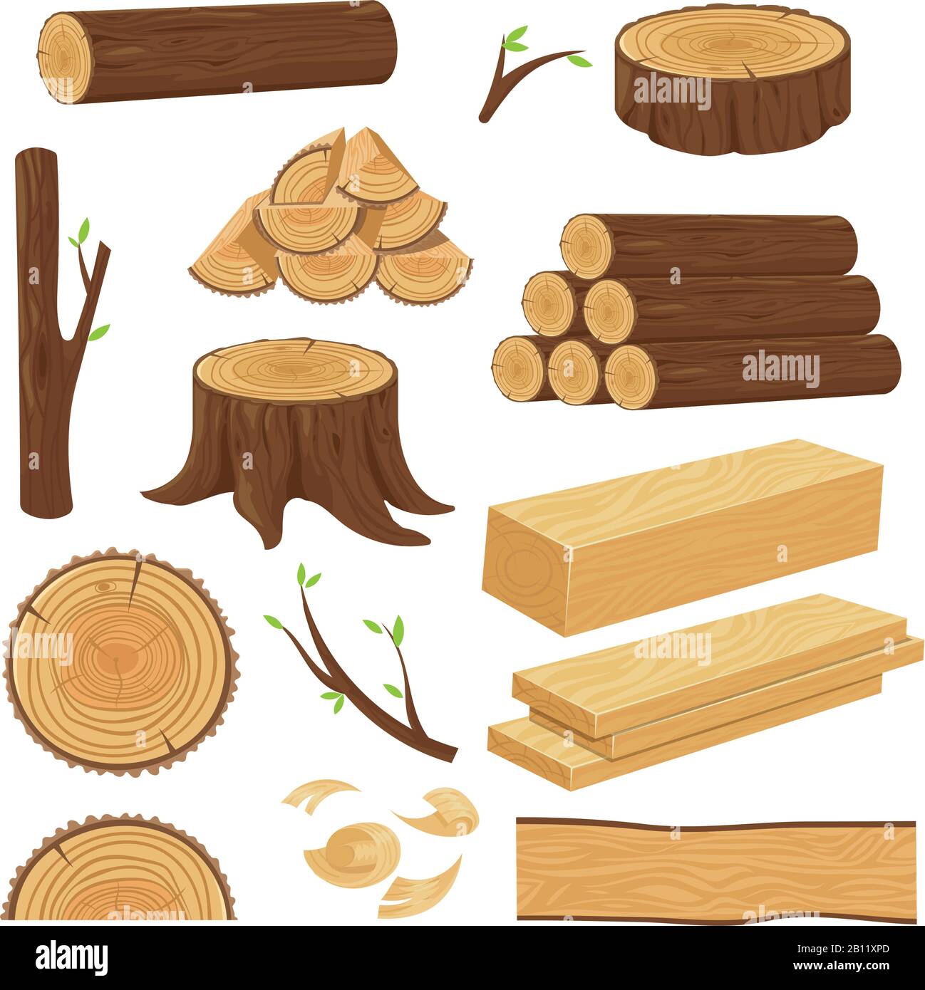 Holzstämme. Gestapeltes Bauholz, Trunkenbäckchen und Holzholzholzholzholzholzvertünste. Baumstumpf, alter Holzpflock isolierter Cartoon-Vektor-Satz Stock Vektor