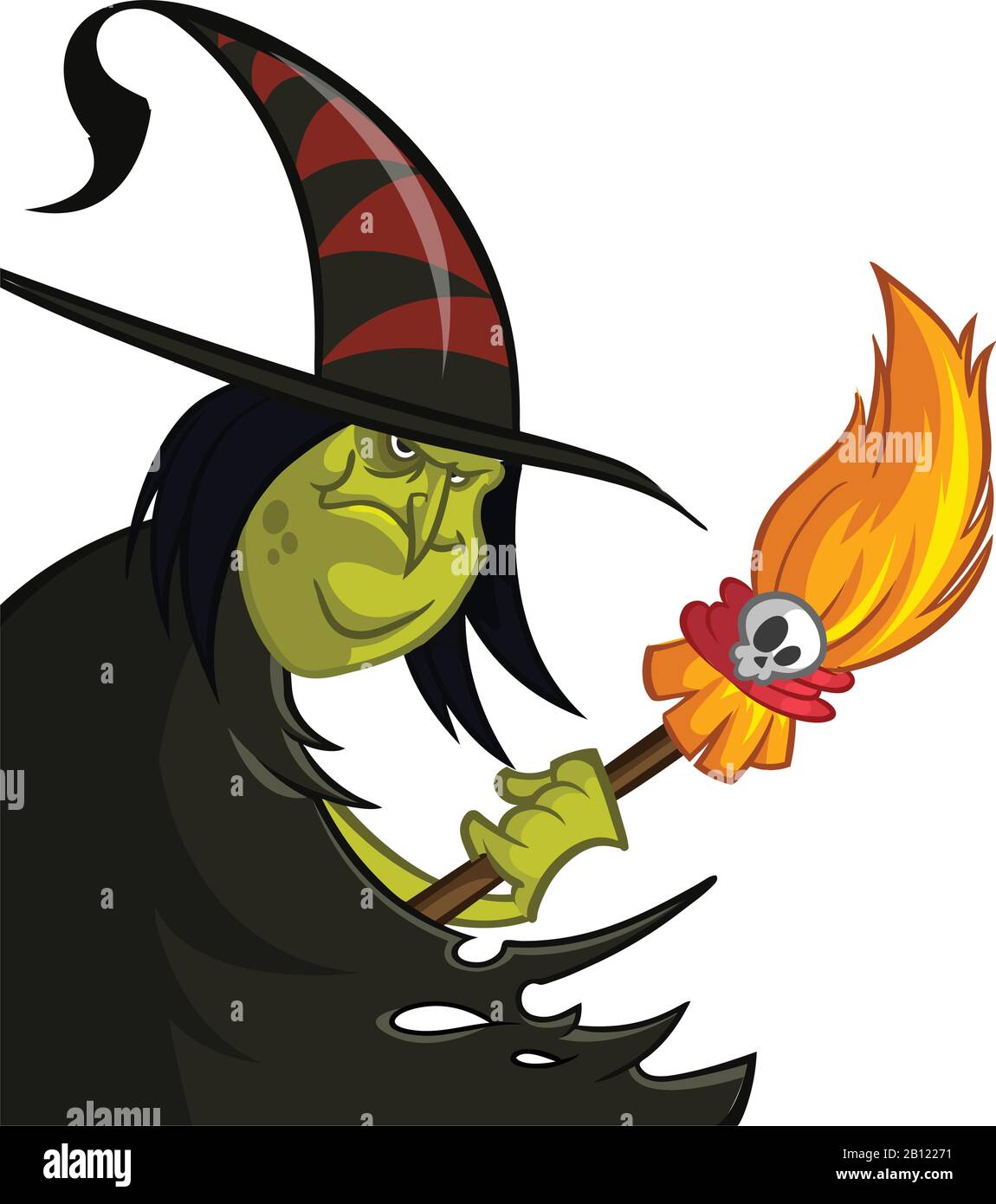 Cartoon Hexe mit Kessel und Besen.