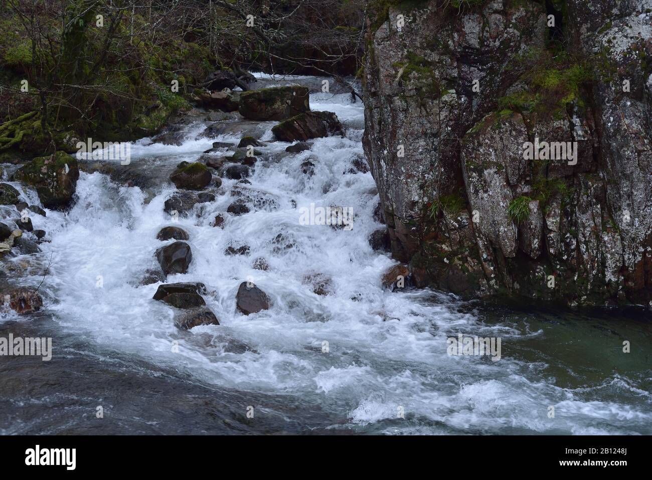 Die Lower Falls, Glen Nevis, in der Nähe von Fort William. Dieser ist ein Zufluss, der sich am Fuße einer niedrigen Klippe mit dem Hauptfluss Nevis verbindet. Stockfoto