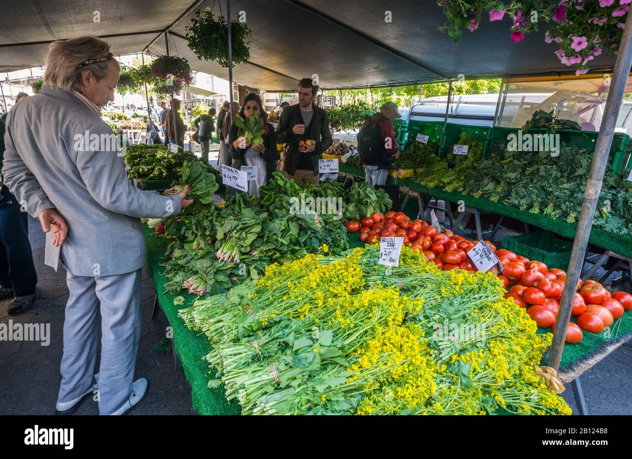New York City - 16. Mai 2016: Käufer, die frische Produkte auf dem Union Square Farmers Market in New York City stöbern Stockfoto