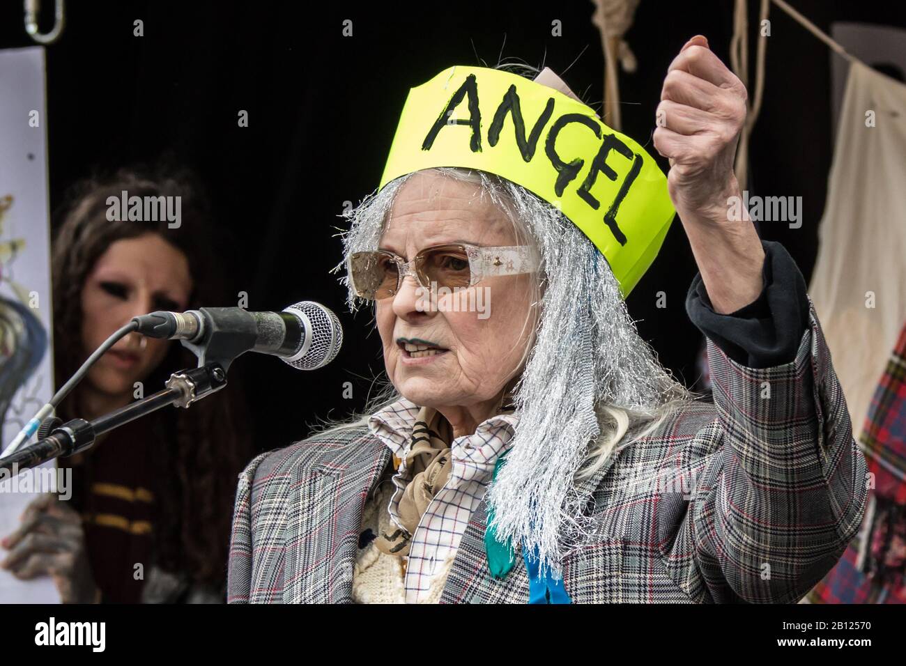 London, Großbritannien. Februar 2020. Vivienne Westwood spricht die Rallye an. Demonstranten marschierten und hielten dann eine Kundgebung im Zentrum Londons ab, um sich gegen die Auslieferung von Julian Assange in die USA zu wehren. Die Veranstaltung, die von Der Kampagne "Don't Extradite Assange" organisiert wird, findet vor einem am Montag beginnenden Prozess statt, bei dem der Wikileaks-Gründer vor einer lebenslangen Haftstrafe in den USA stehen könnte. David Rowe/Alamy Live News. Stockfoto