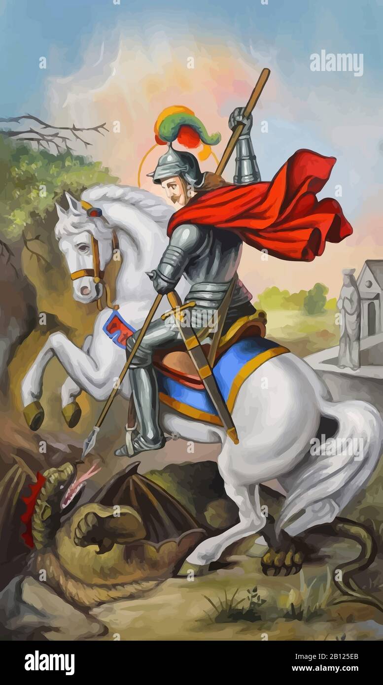 Legende des heiligen georg Krieger Drache Illustration Heiliger Kreuzritter Stockfoto