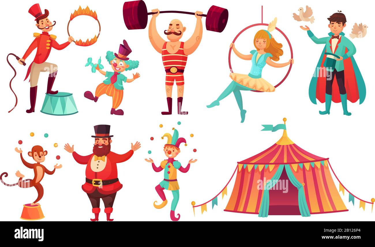Zirkusfiguren. Jonglieren von Tieren, Jonglierkünstler Clown und Strongman Performer. Cartoon-Vektor-Illustrationssatz Stock Vektor
