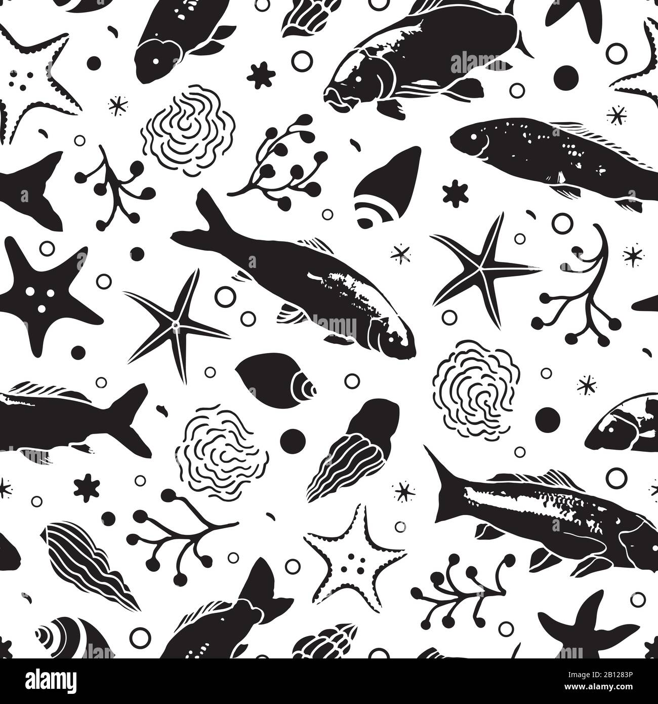 SeaLife Linokut maritimes Muster mit Fisch, Seesterne, Seetang und Welle in schwarz-weiß. Strandmuster im Sommer. Oberflächenmuster. Stock Vektor