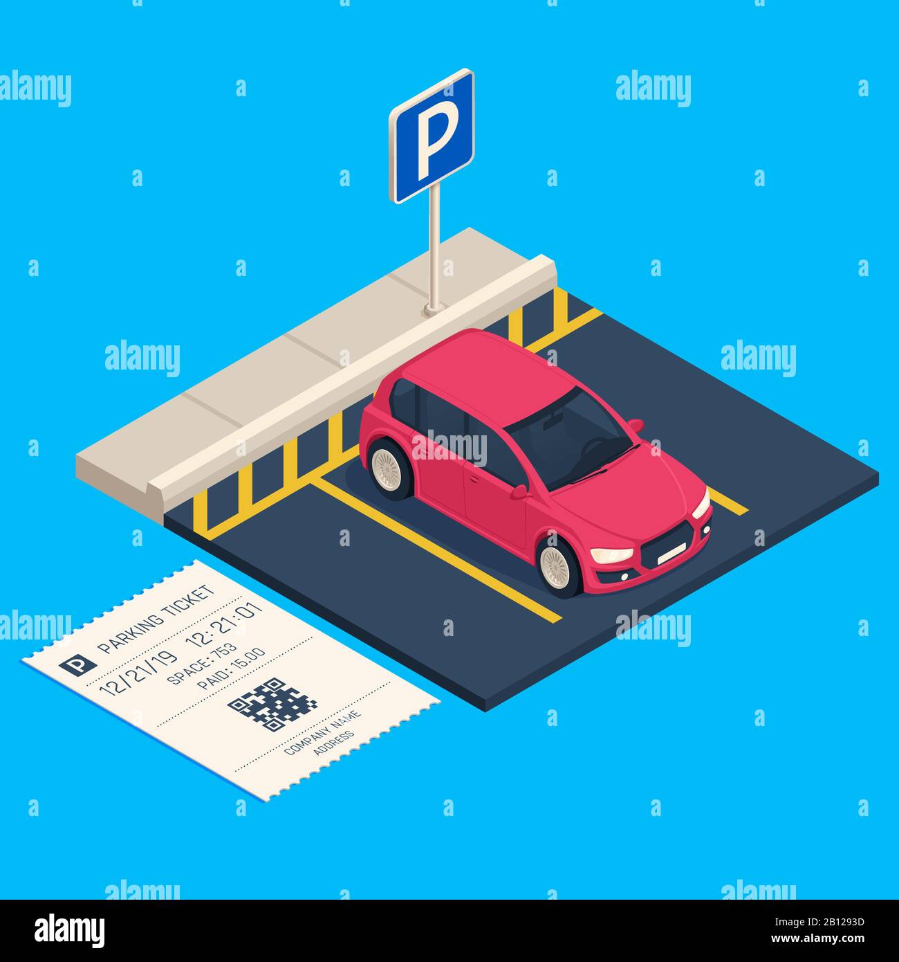 Isometrischer Transportparkplatz. Eintrittskarte für Parkplätze, Stadtparkplatz, Vektorgrafiken für Stadtautos Stock Vektor