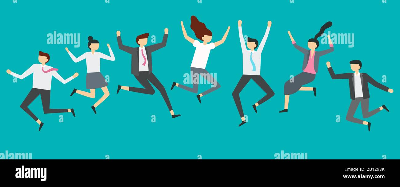 Glückliche springende Geschäftsleute. Aufgeregte Büromitarbeiter springen auf Mitarbeiterparty, lächelnde Profis springen zur Vektordarstellung Stock Vektor
