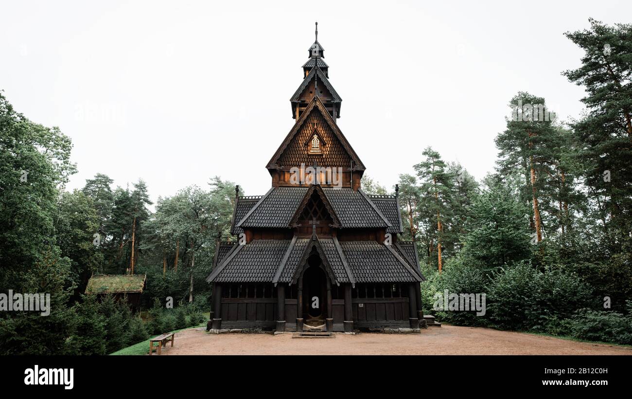 Stabkirche Gol im Norwegischen Museum für Kulturgeschichte, Oslo, Norwegen Stockfoto