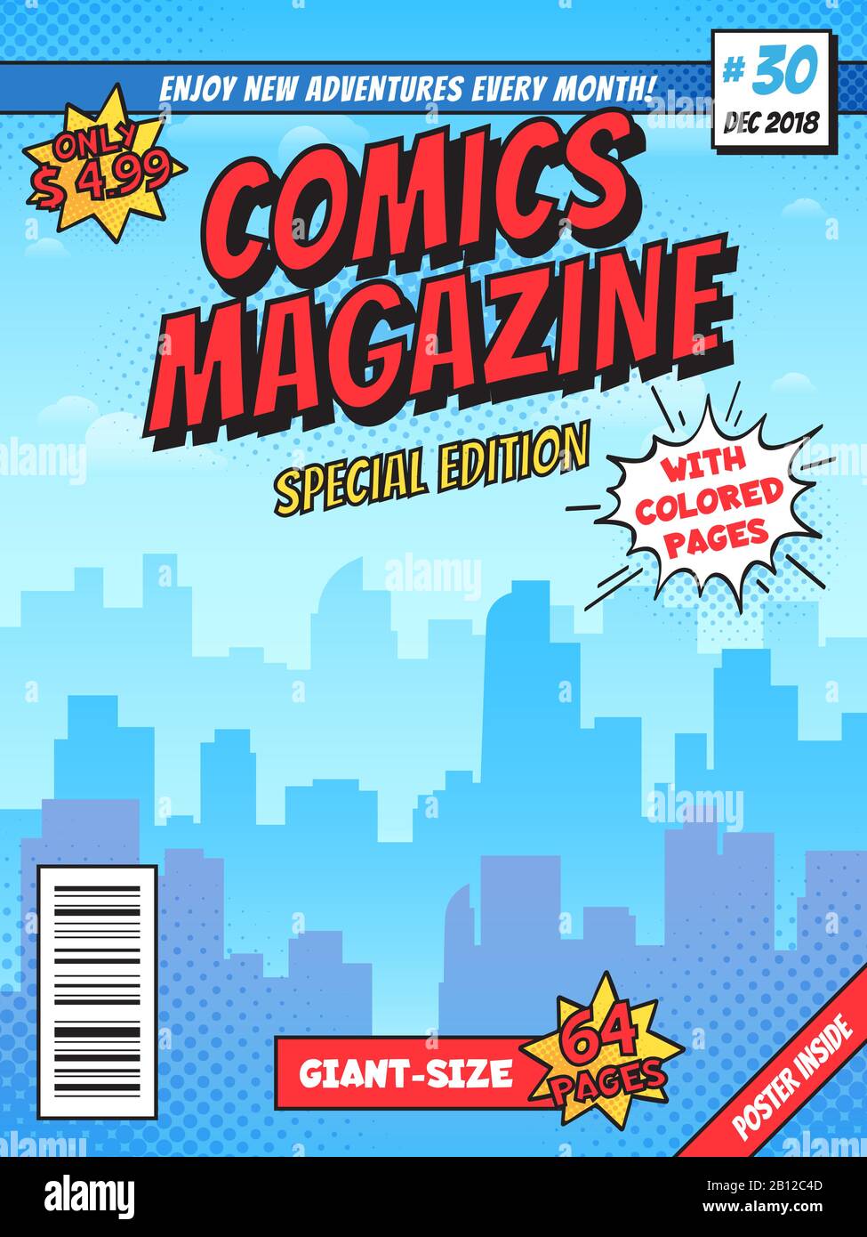 Titelseite des Comics. Das Magazin "City Superhelden Empty Comics" umfasst Layout, Stadtbauten und Vintage Comic-Vektorvorlagen Stock Vektor