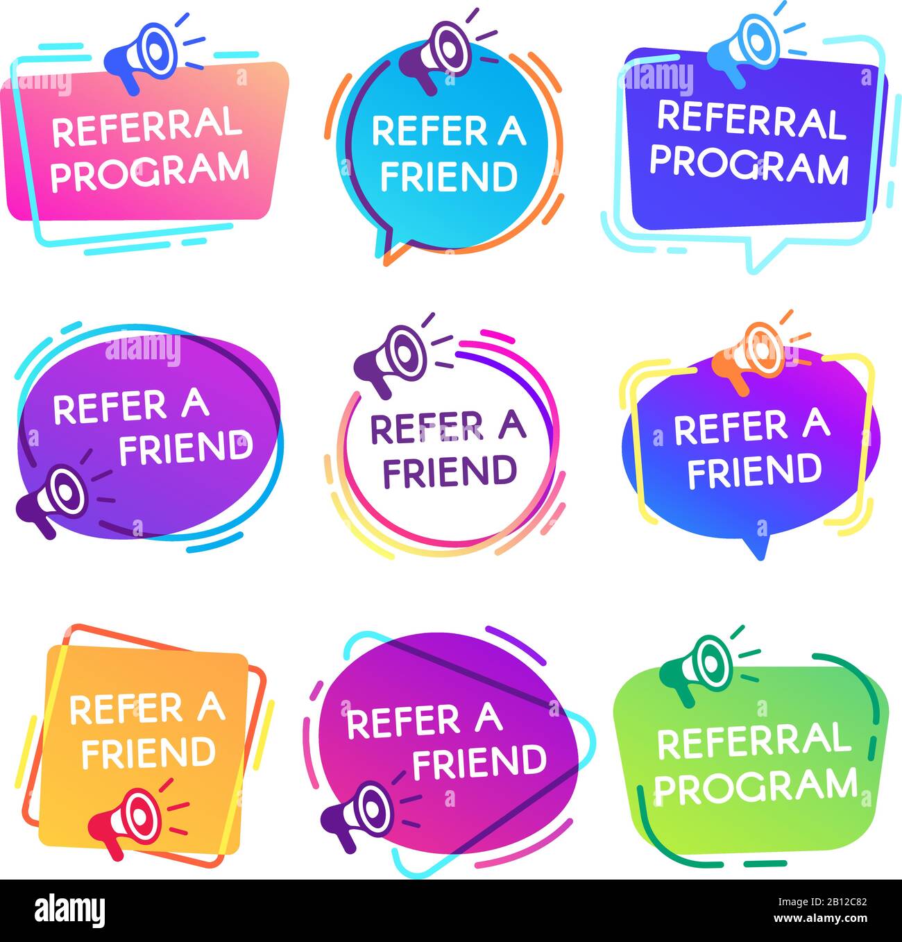 Freundschaftsabzeichen verweisen. Logo des Empfehlungsprogramms, Megafonmarketing-Aufkleber des Verkäufers und Vektor-Set für das Einkaufsetikett von Freunden Stock Vektor