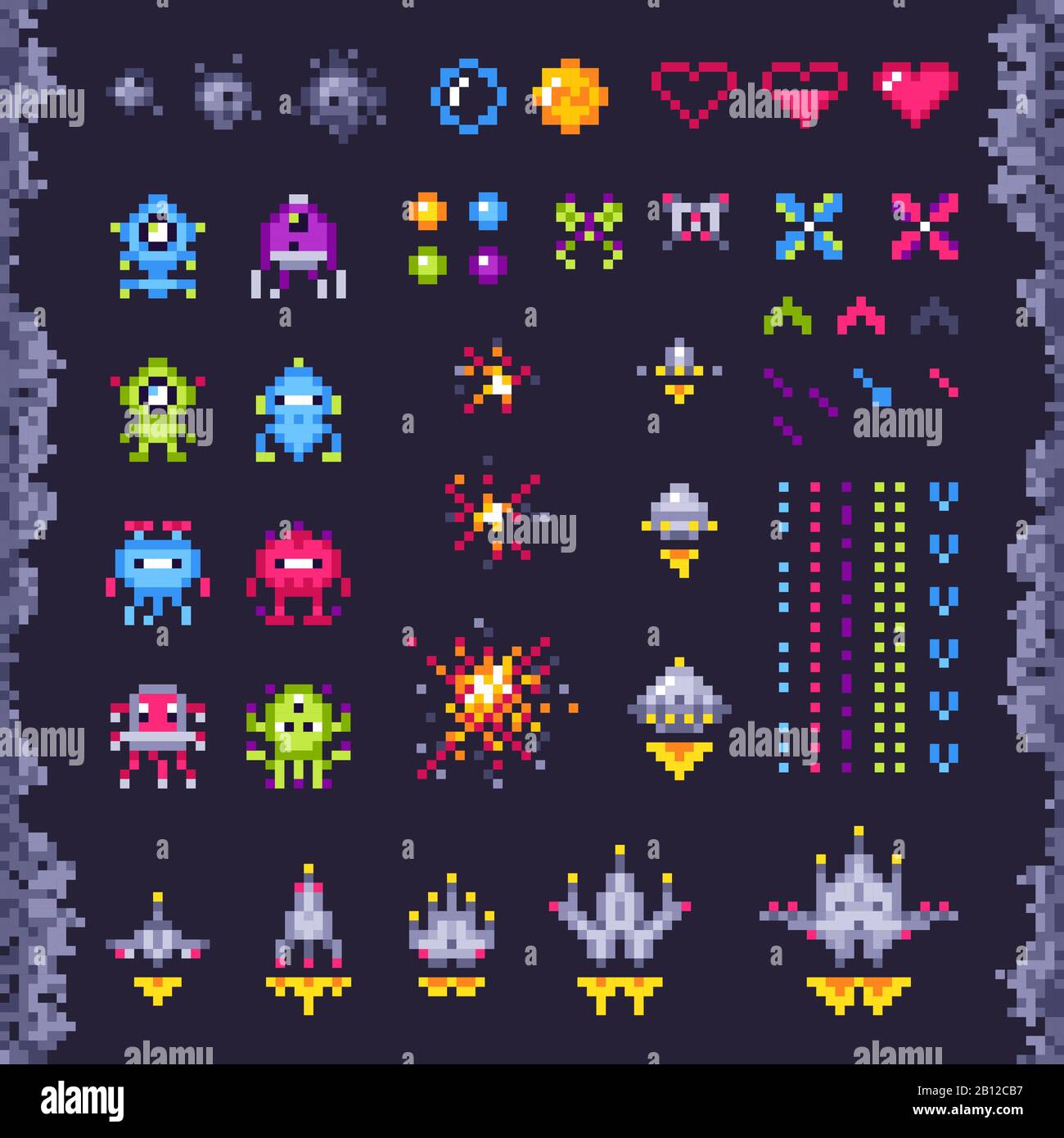 Arcade-Spiel im Retro Space. Invasoren Raumschiff, Pixel Invader Monster und Retro Videospiele Pixel Art isolierte Objekte Illustration Set Stock Vektor