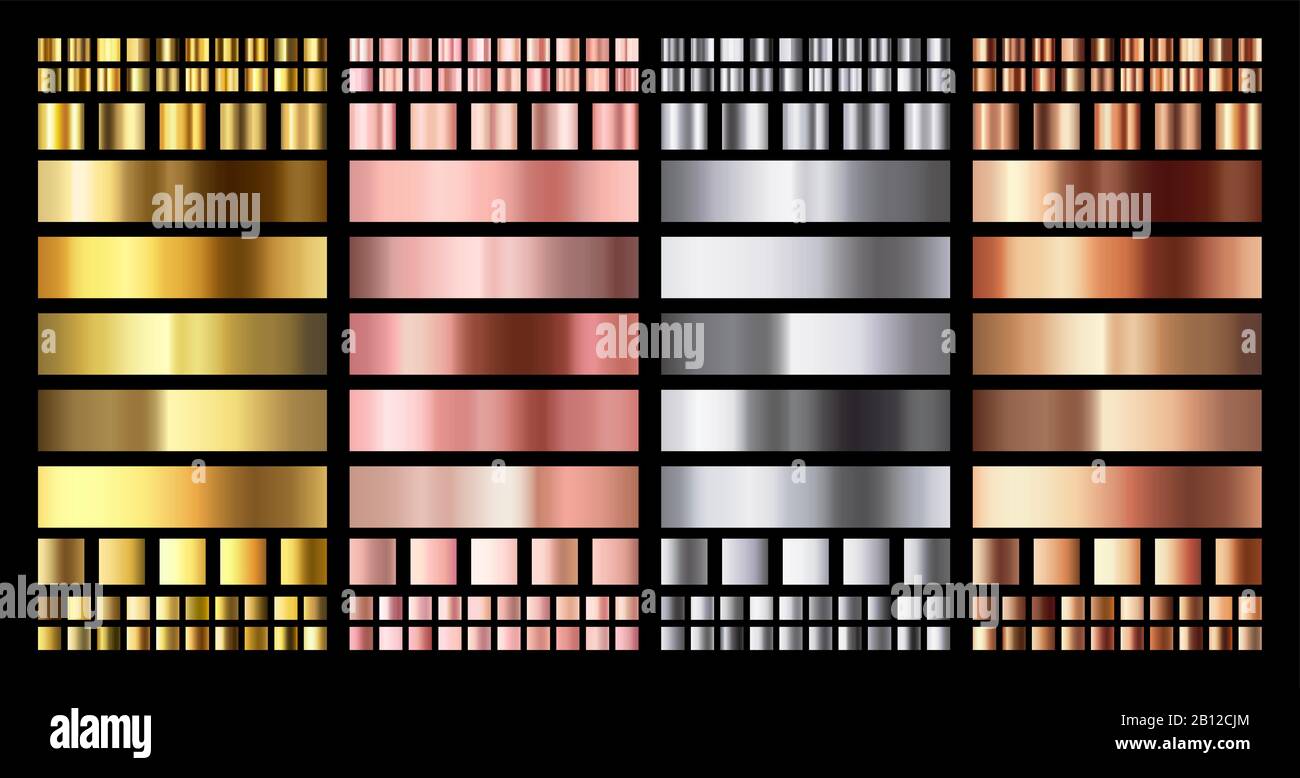 Eleganter metallischer Gradient. Glänzende Medaillen in Rosengold, Silber und Bronze. Goldene, pinkfarbene Kupfer- und Chrom-Metallvektor-Kollektion Stock Vektor