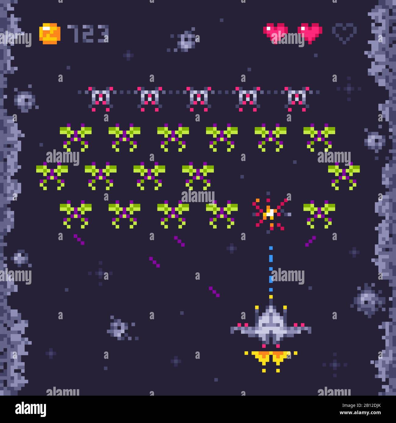 Spielstufe der Space Arcade. Retro-Eindringlinge, Pixel-Art-Videospiele und Gaming-Vektorgrafiken von Monstereindringlingen Stock Vektor