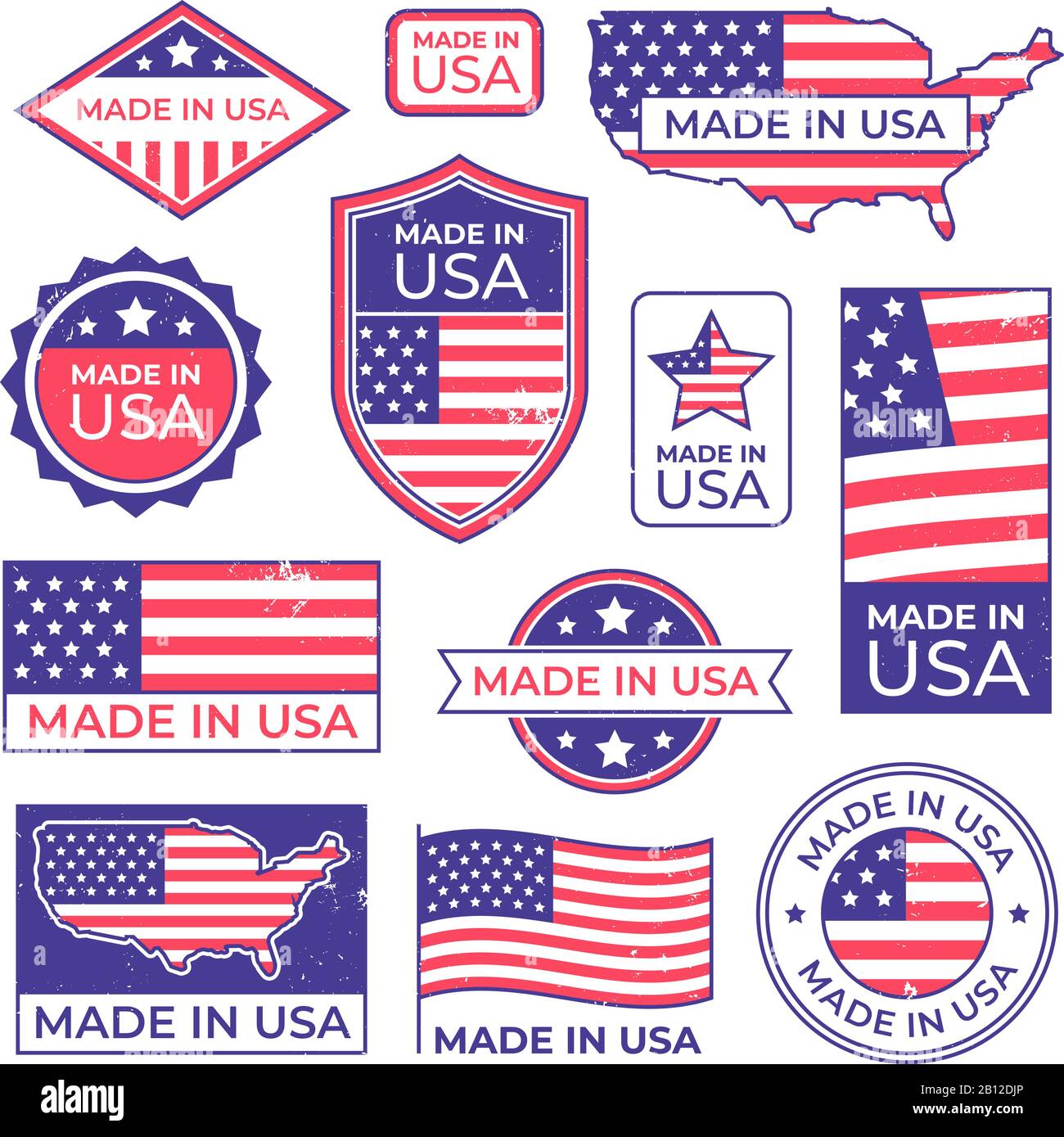 Hergestellt im logo der usa. American Proud Patriot Tag, Herstellung für usa Label Stamp und united States of america patriotisches Flaggenvektor Set Stock Vektor