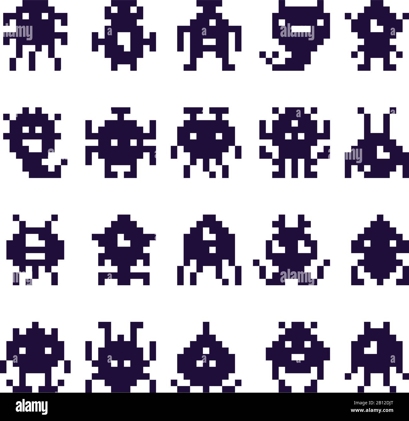 Pixel Art Invasoren Silhouette. Space Invader Monsterspiel, Pixelroboter und Retro Arcade-Spiele isolierte Vektorsymbole gesetzt Stock Vektor