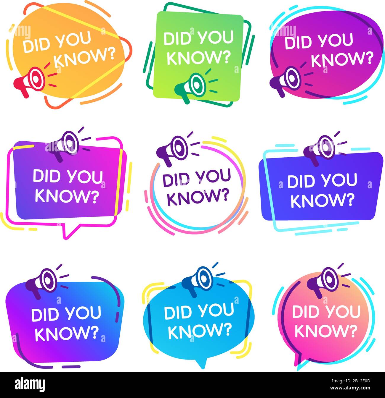 Wussten Sie schon Etiketten. Interessante Fakten Sprachblasen, Wissensdatenbank und Social Media faq Banner isolierte Vektorabzeichen gesetzt Stock Vektor