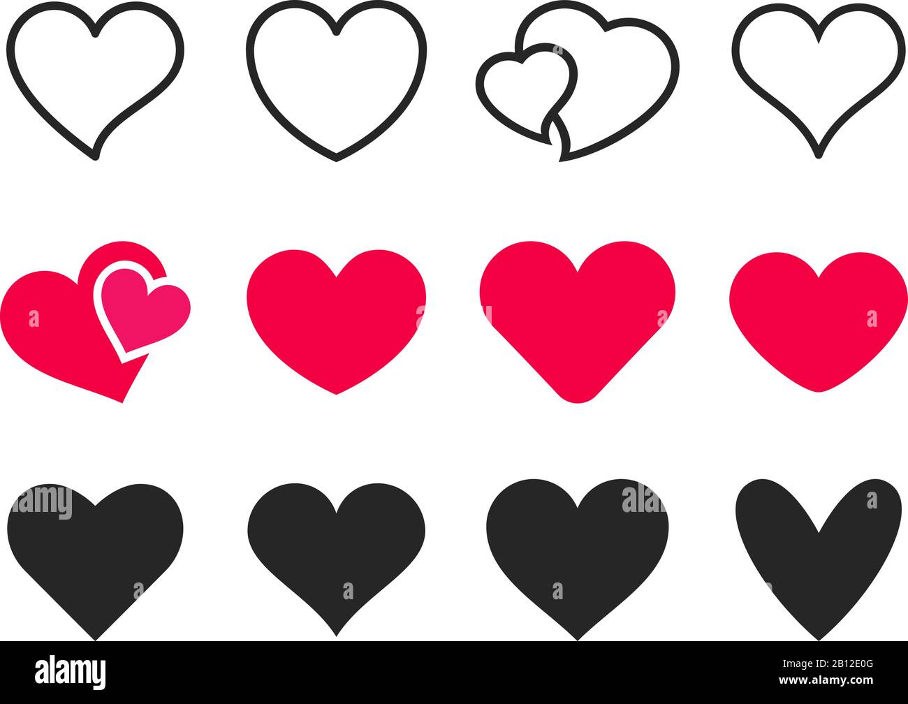 Symbol für das Herz der Liebe. Liebevolle Herzen, rote wie und schöne romantische Umrisse Vektorsymbole gesetzt Stock Vektor