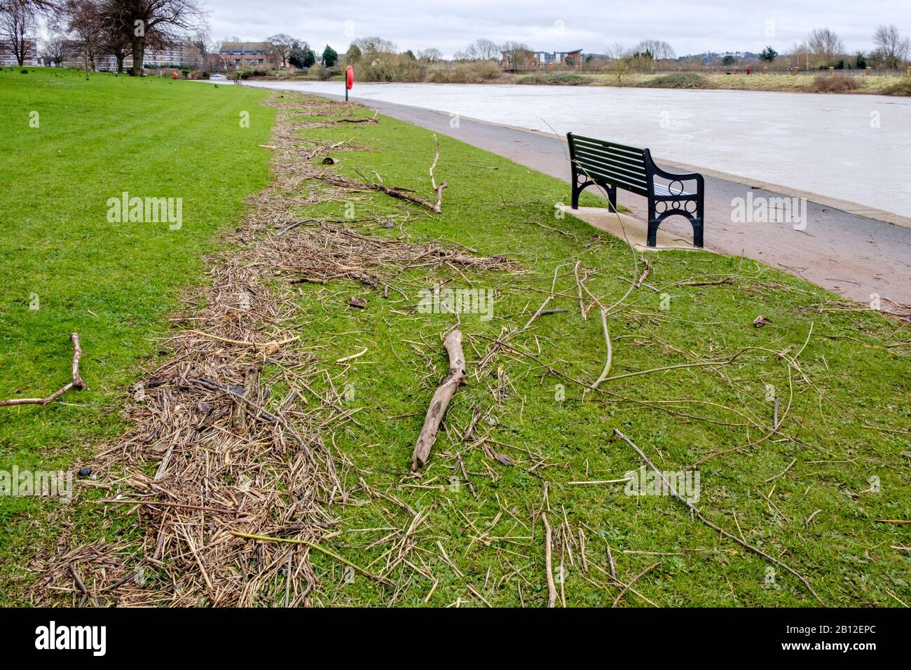 Flussschutt markiert den hohen Wasserstand der Überschwemmungen entlang eines Flussufers am River Trent, Nottingham, England, Großbritannien Stockfoto