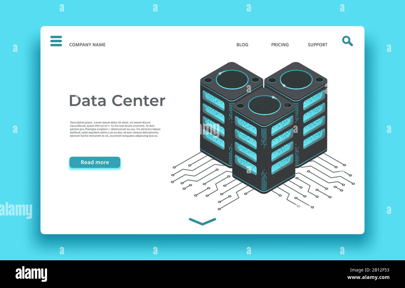 Landing Page für Rechenzentren. Isometrische Servervektor-Konstruktion Stock Vektor
