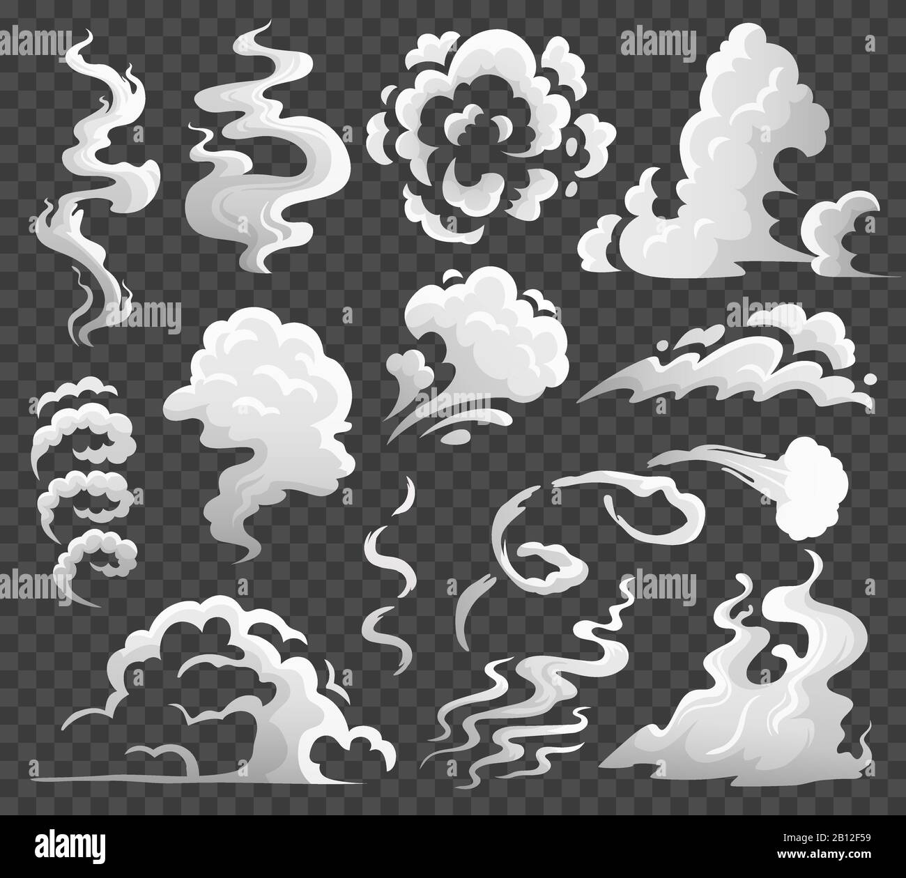 Rauchwolken. Komische Dampfwolke, Rauchwirbel und Dampfströmung. Staubwolken isolierte Cartoon-Vektor-Illustration Stock Vektor