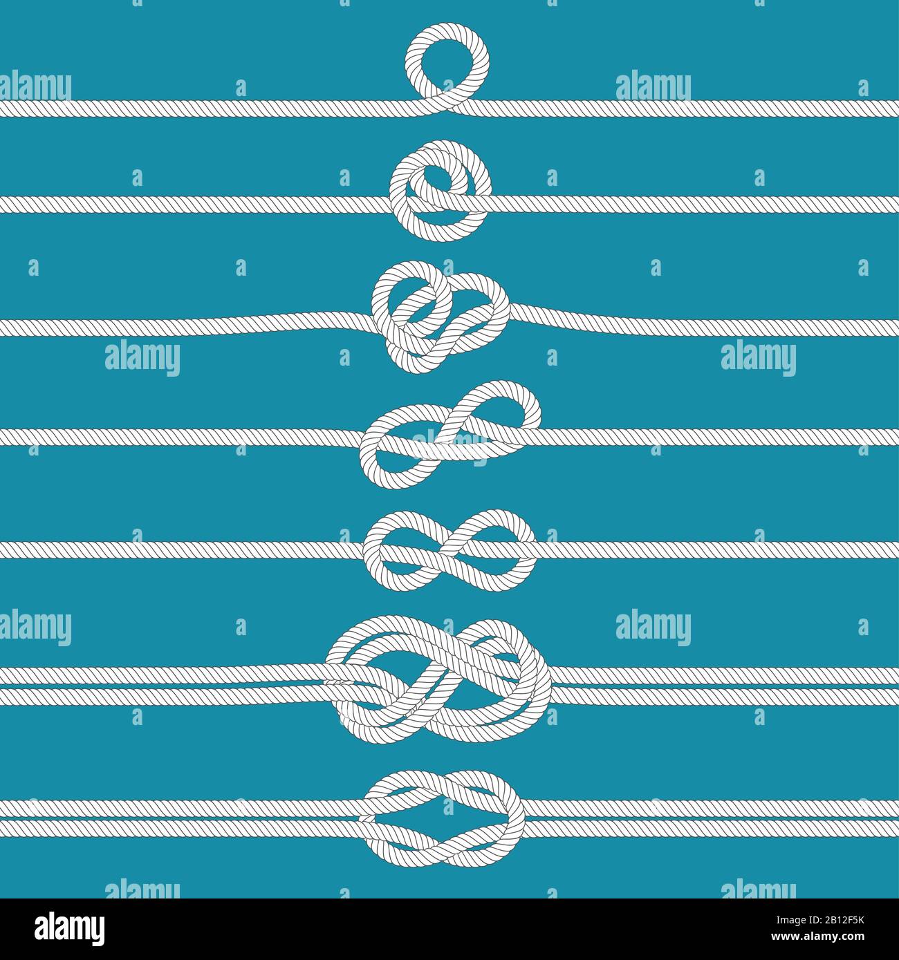 Knoten binden. Nautisch gebundene Seilknoten, Marineseile und Hochzeitskordelteiler Vektorgrafik-Set Stock Vektor