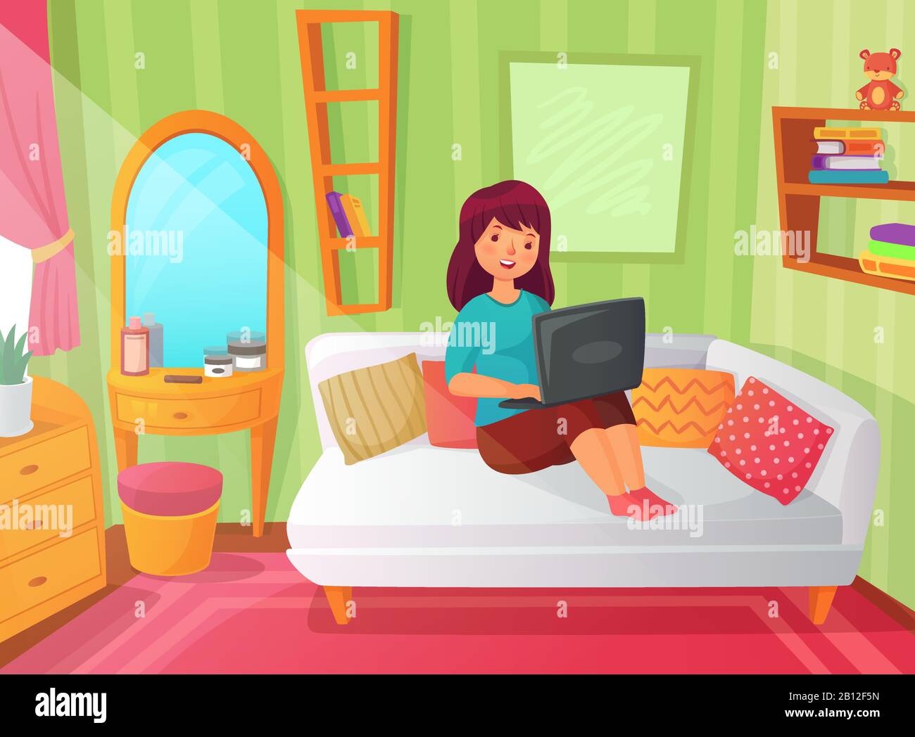 Studenten-Schlafzimmer für Mädchen. Teenager-Apartment-Zimmer, Online-Studie zu Hause und Frau Student Lesen auf Laptop Computer Cartoon-Illustration Stock Vektor