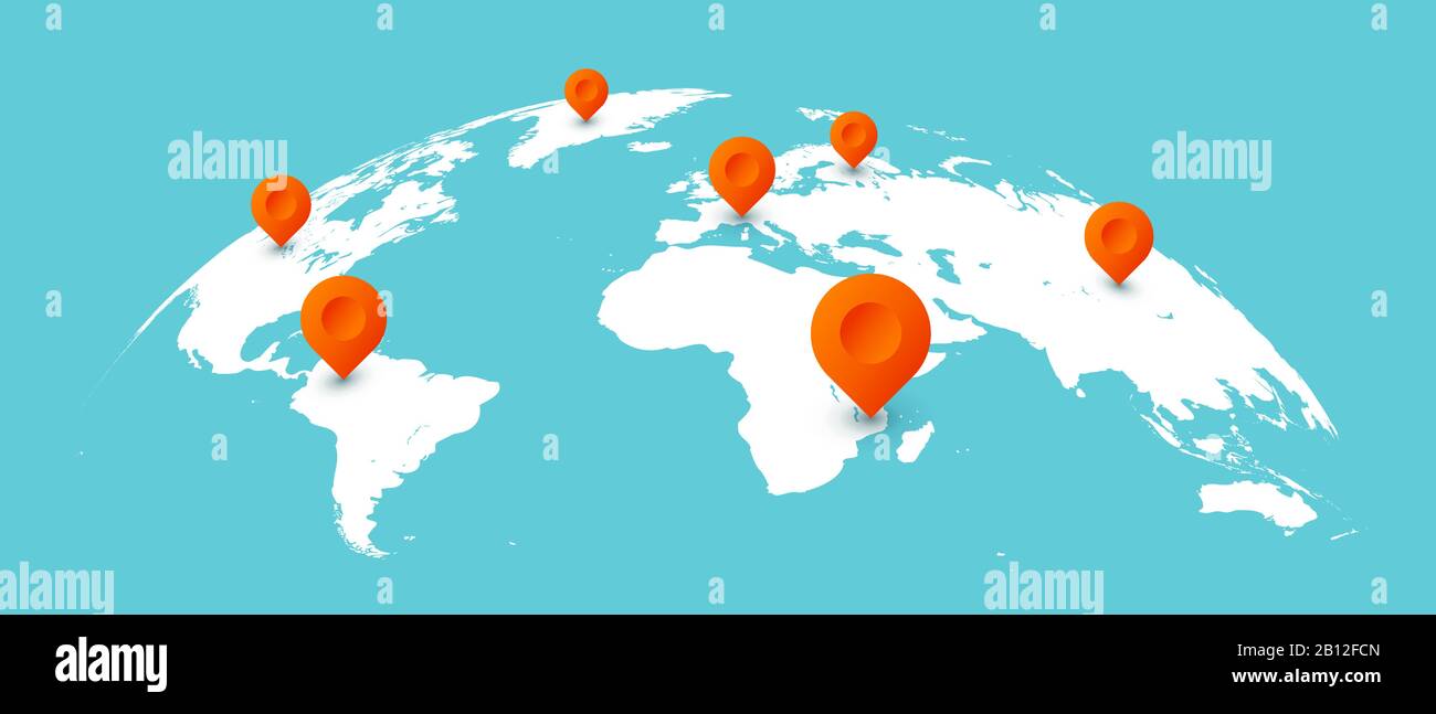 Weltkarte für Reisen. Pins auf globalen Erdkarten, weltweite Geschäftskommunikation isolierte Konzeptdarstellung Stock Vektor