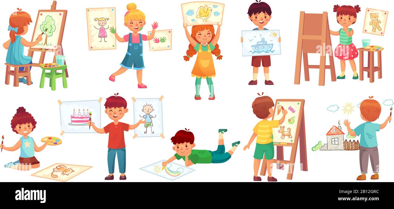 Kinder zeichnen. Kinderillustrator, Baby-Drawing-Spiel und Draw Kids Group Cartoon Vektorgrafiken Stock Vektor