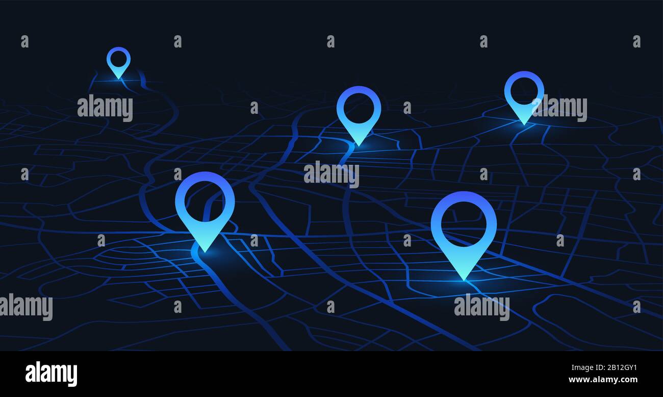 GPS-Tracking-Karte. Verfolgen Sie die Navigationsstifte auf Straßenkarten, navigieren Sie durch die Kartentechnologie, und suchen Sie die Vektorgrafiken der Positionsstiften Stock Vektor