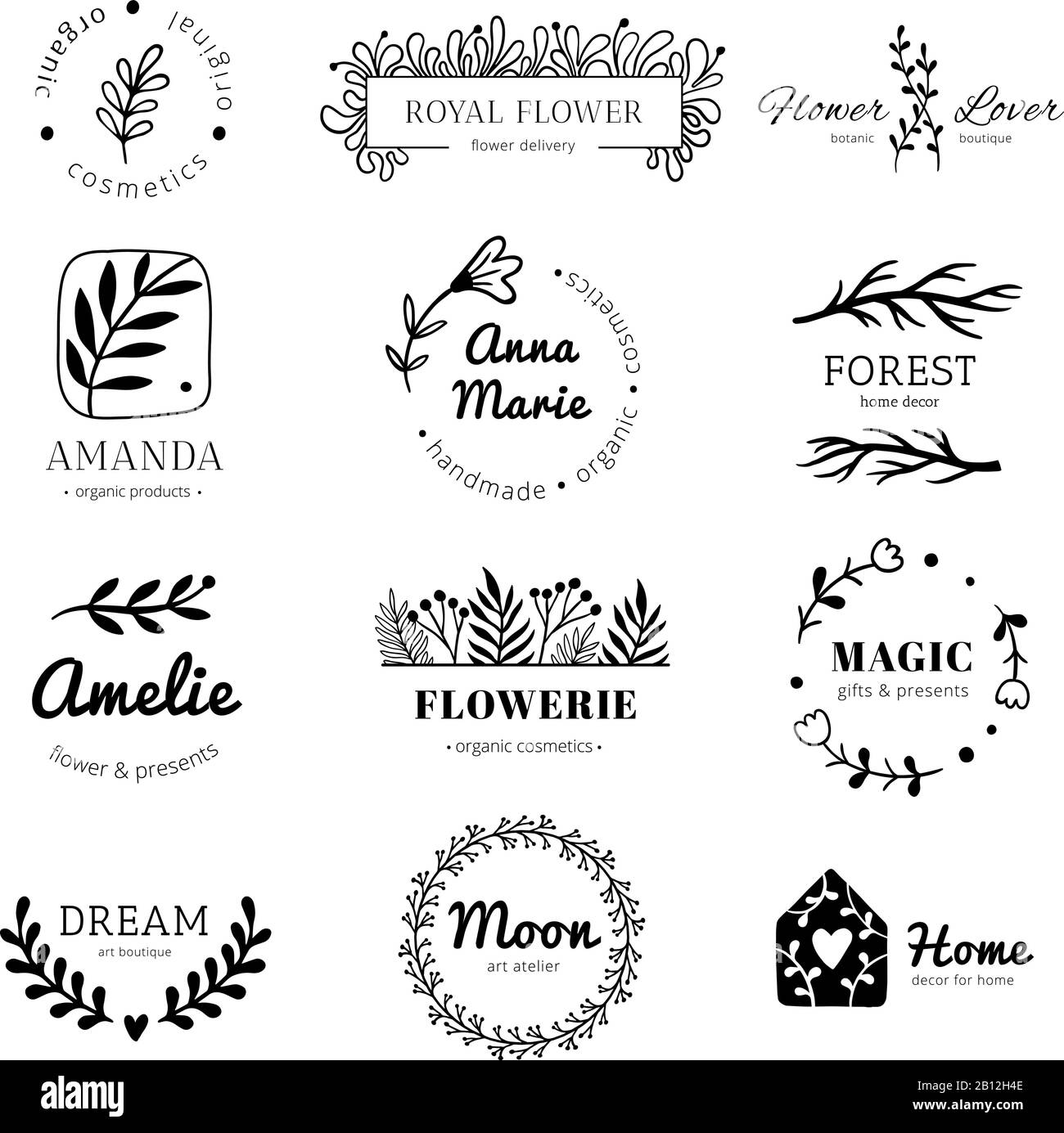 Logo mit Blumenschmuck. Lorbeerblätter Kranzrahmen, Blumenetikett und Zierausweise aus Vintage-Blumen isoliertes Vektorset Stock Vektor