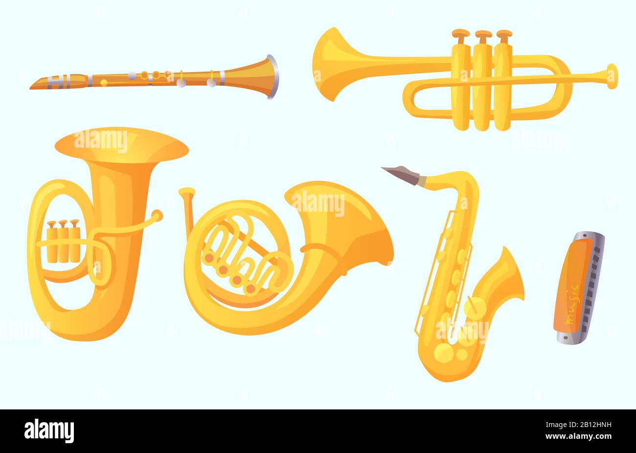 Cartoon-Trompete. Winde Musikinstrumente. Vektorsammlung für Musikinstrumente Stock Vektor