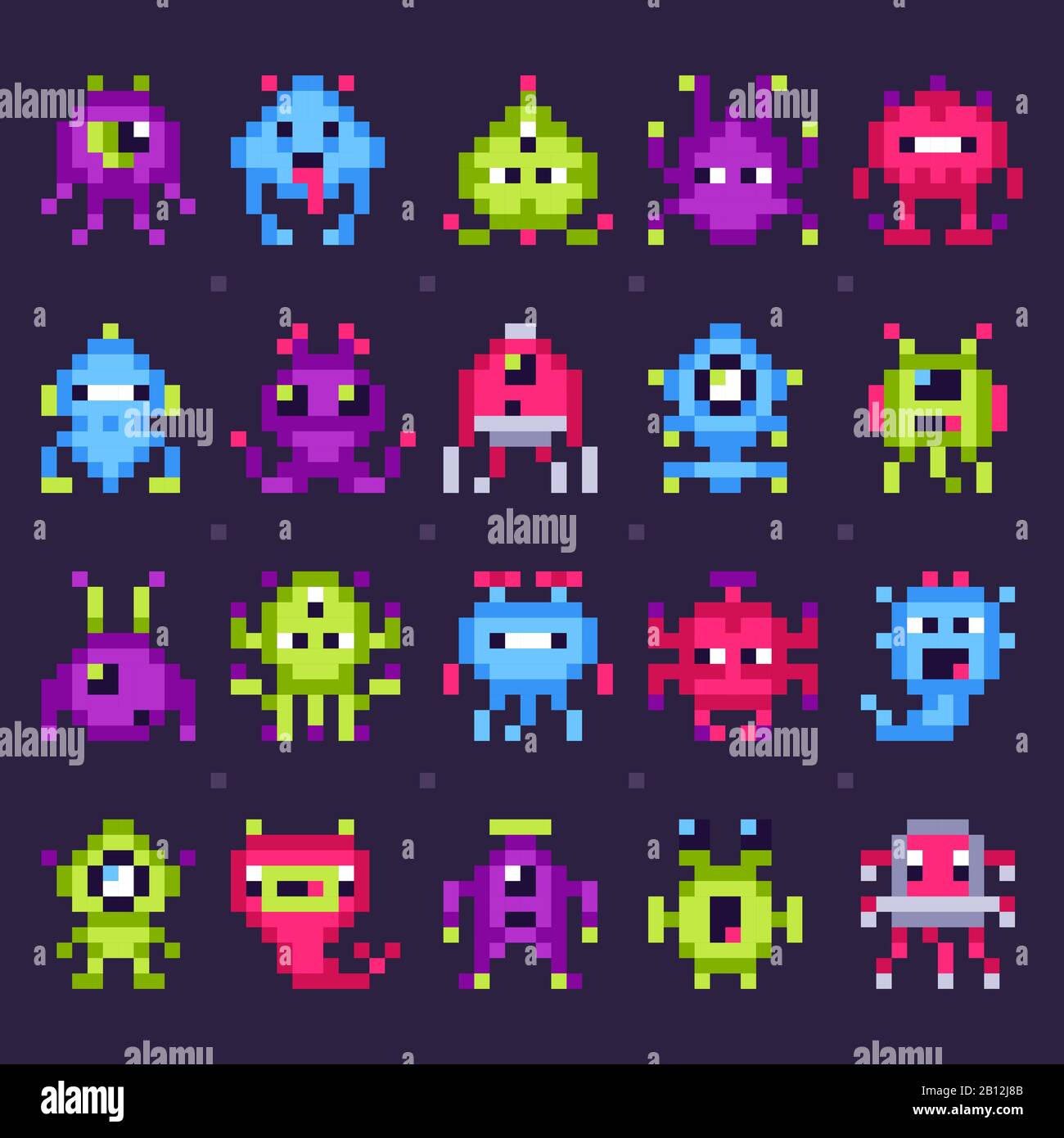 Pixel Space Monsters. Arcade-Videospiele Roboter, Retro Game Invasoren Pixel Art isoliertes Vektorset Stock Vektor