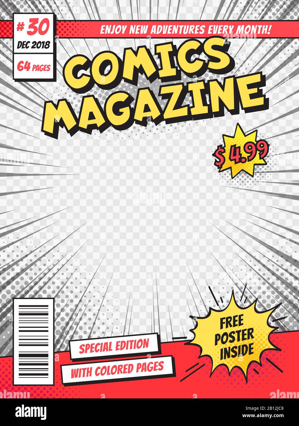 Comic-Cover. Comics Bücher Titelseite, lustige Superheldenzeitschrift isolierte Vektorvorlage Stock Vektor