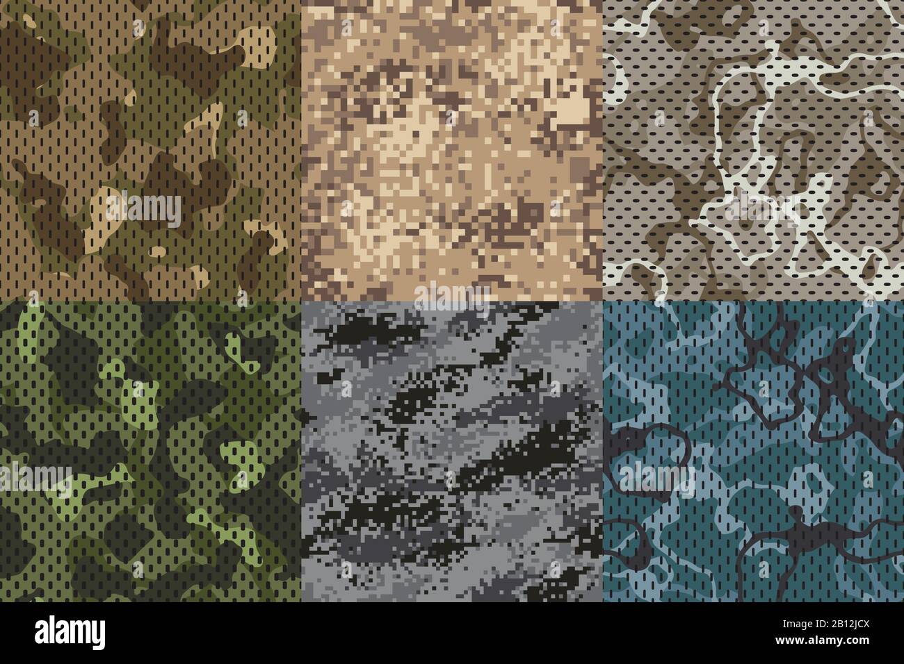 Khakifarbene Textur tarnen. Army Fabric nahtlose Struktur und Sand Camo Netzmuster Vektor-Texturen gesetzt Stock Vektor