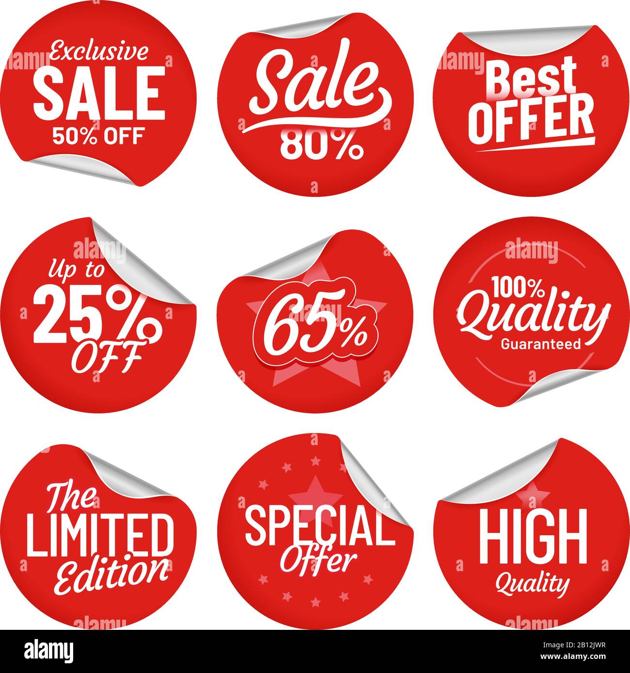 Verkaufsaufkleber. Etikett mit Einkaufskennzeichen, rot auf Verkaufsaufklebern mit gebogenem Rand und Preis ab Etiketten isolierter Vektorsatz Stock Vektor