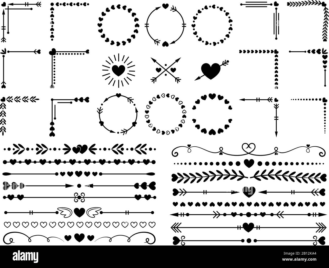Liebesschmuck. Hochzeitherzen dekorative, dekorative Herzumrandung und Zierelemente aus unliegendem Rahmen Stock Vektor
