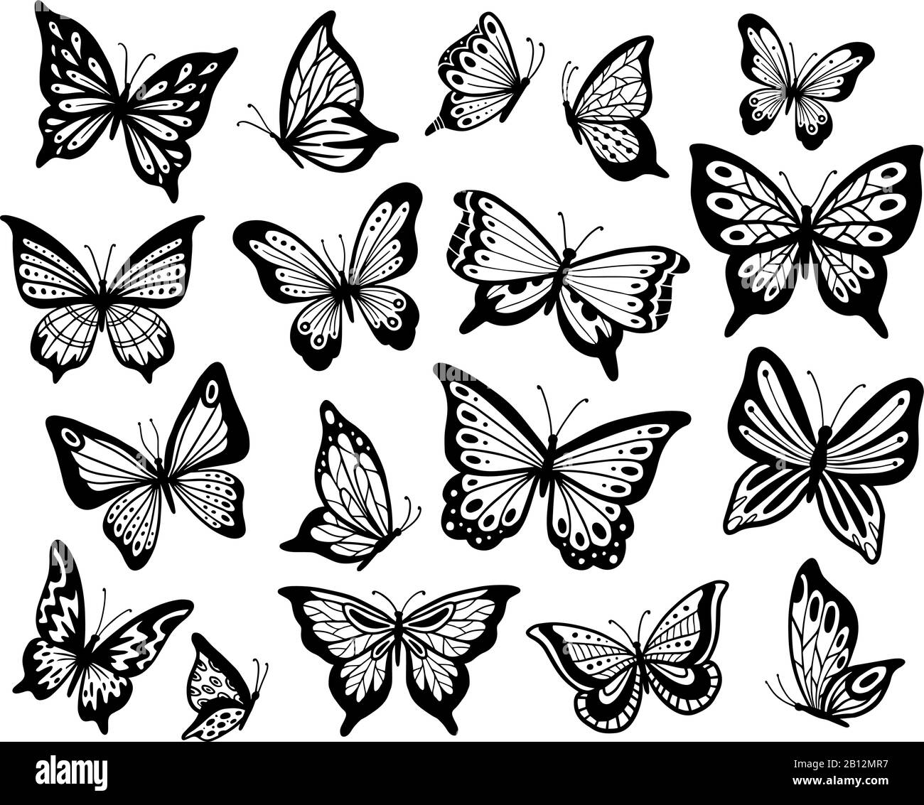 Schmetterlinge zeichnen. Schablonen-Schmetterling, Mottenflügel und fliegende Insekten isolierter Vektorgrafiksatz Stock Vektor