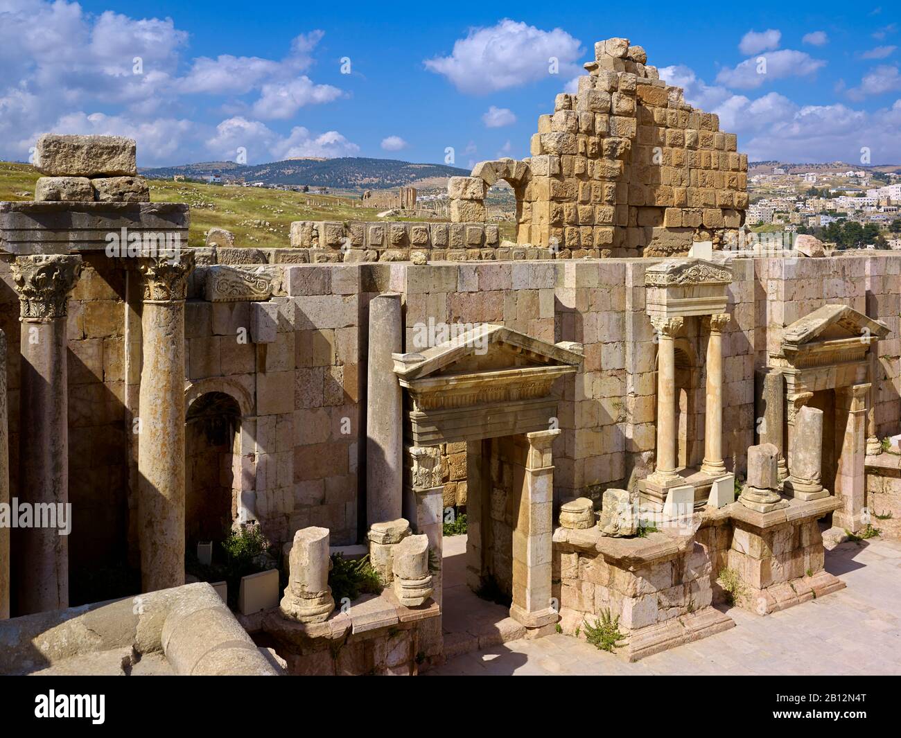 Detail des Southern Theatre in Gerasa oder Gerash, Jordanien, Westasien. Detail des südlichen Theaters in Jerash, Jordanien, Naher Osten Stockfoto