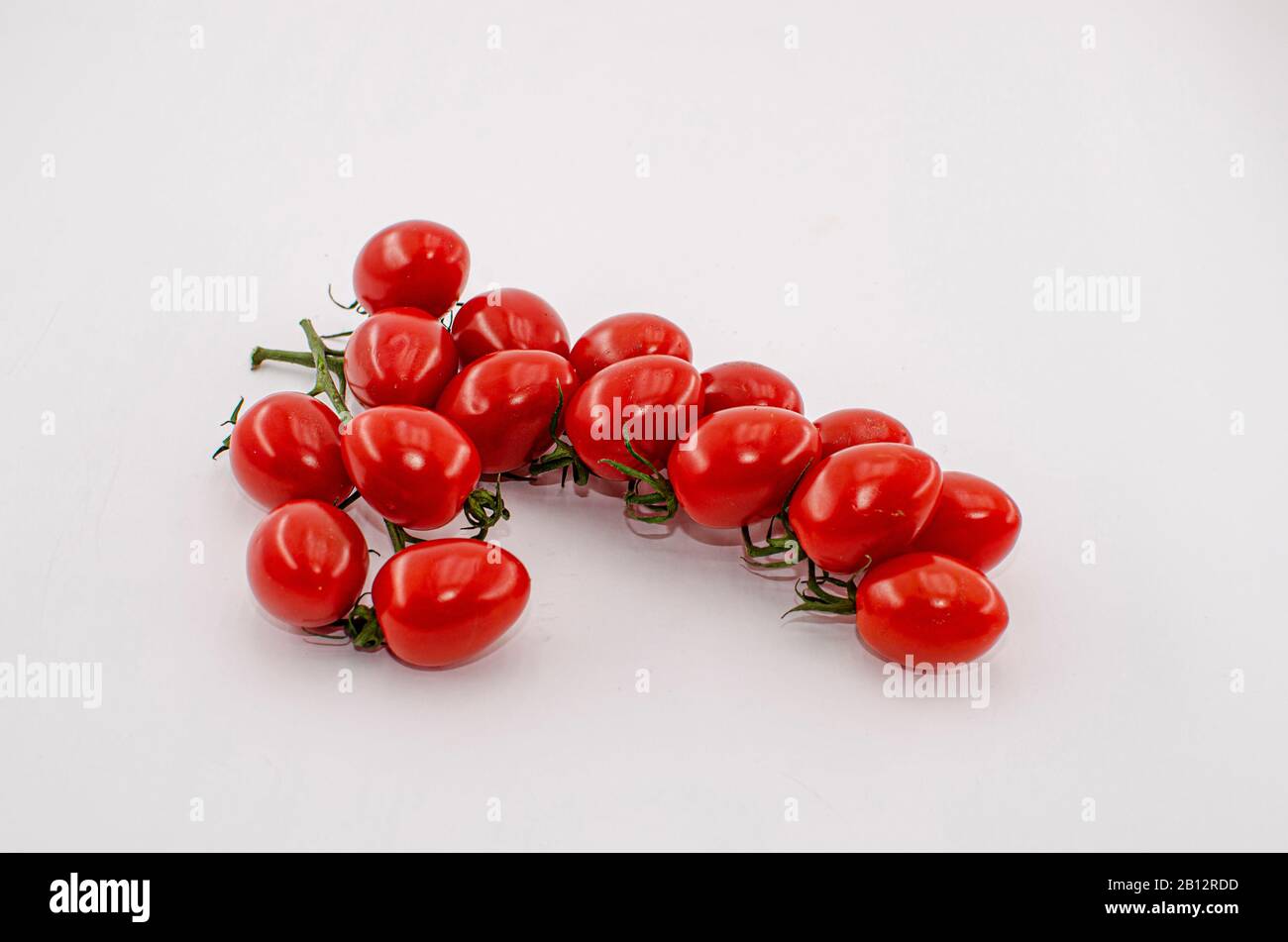 Frische Kirschtomaten auf einem Ast isoliert auf weißem Hintergrund Stockfoto