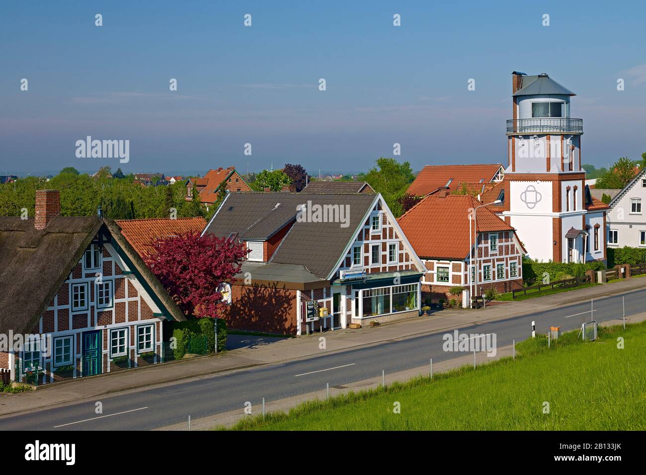 Alter Leuchtturm Mielstack in Lühe, Altes Land, Landkreis Stade, Niedersachsen, Deutschland Stockfoto