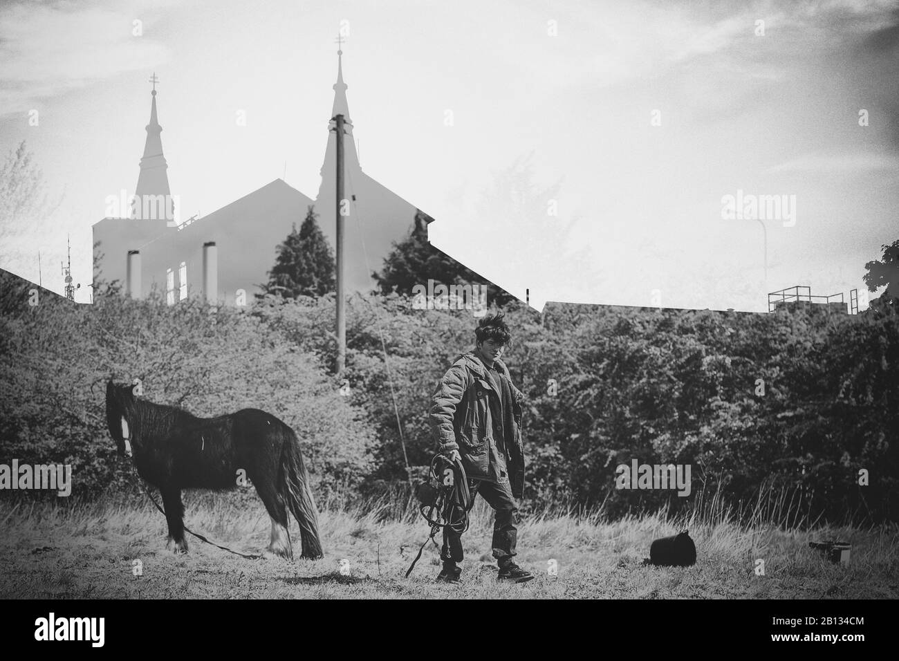 Zigeunerjungen und Pferd Stockfoto