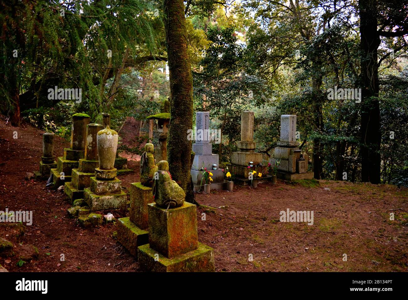 Nahaufnahme eines kleinen Friedhofs im Wald an der MT. Shosha, Himeji Stockfoto