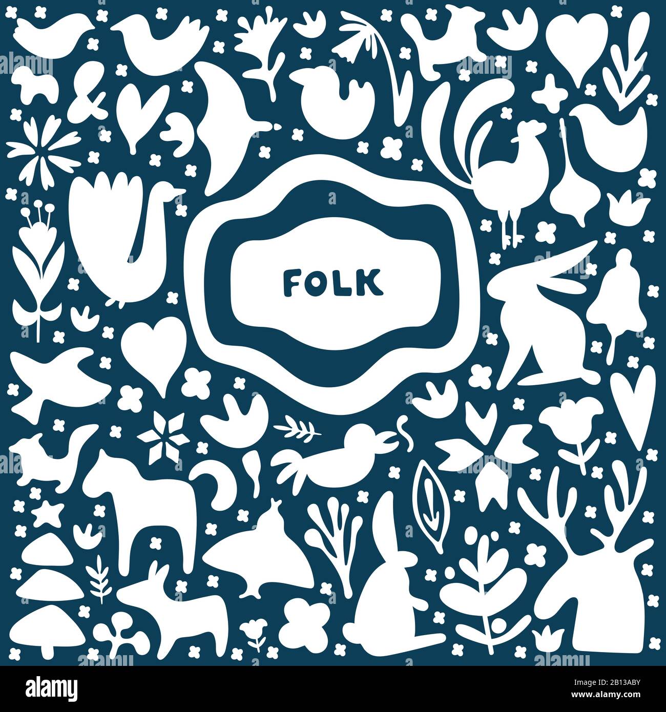 Volkskunstplatz in blau und weiß. Doodle mit Rahmen für Text. Skandinavischer Stil mit traditionellen geometrischen Formen. Folklore Cliparts Elemente Stock Vektor