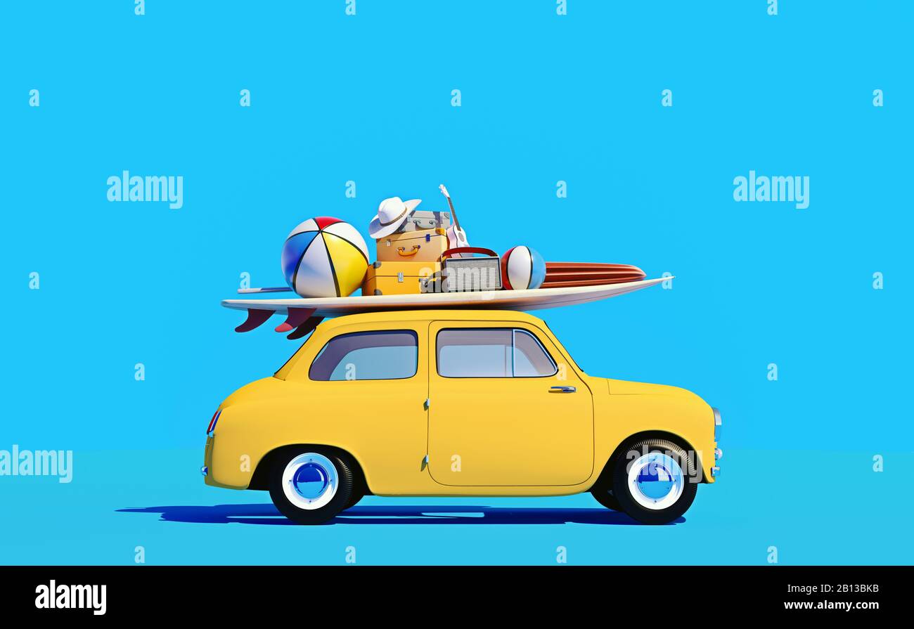 Kleiner Retro-Wagen mit Gepäck, Gepäck und Strandausrüstung auf dem Dach, voll verpackt, bereit für Sommerferien, Cartoon-Konzept einer Straßenfahrt, blau B. Stockfoto