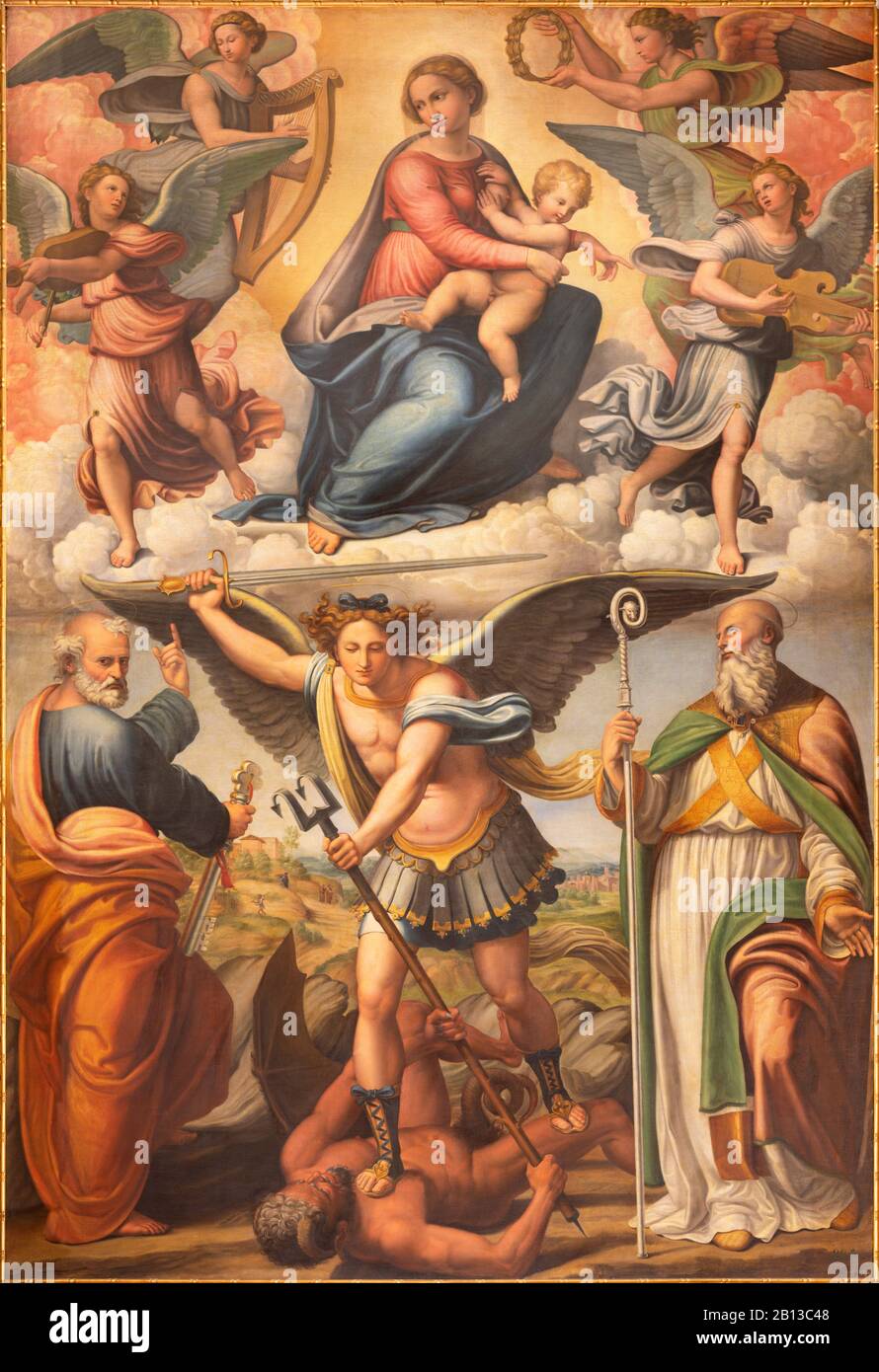 BOLOGNA, ITALIEN - 3. FEBRUAR 2020: Das Gemälde der Madonna mit Erzengel Michael und den Heiligen in der Kirche San Michele in Bosco von Innocenzo da Imola. Stockfoto