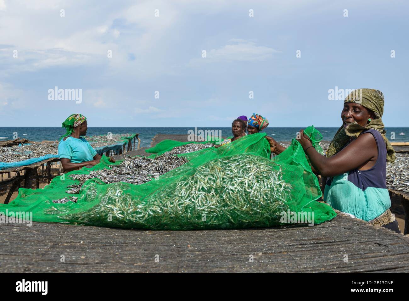 Frauen, die auf einem Fischmarkt am Malawi-See, Malawi, Afrika-Frauen im Freien auf einem Fischmarkt am Malawi-See, Malawi, Afrika, austrocknen Stockfoto