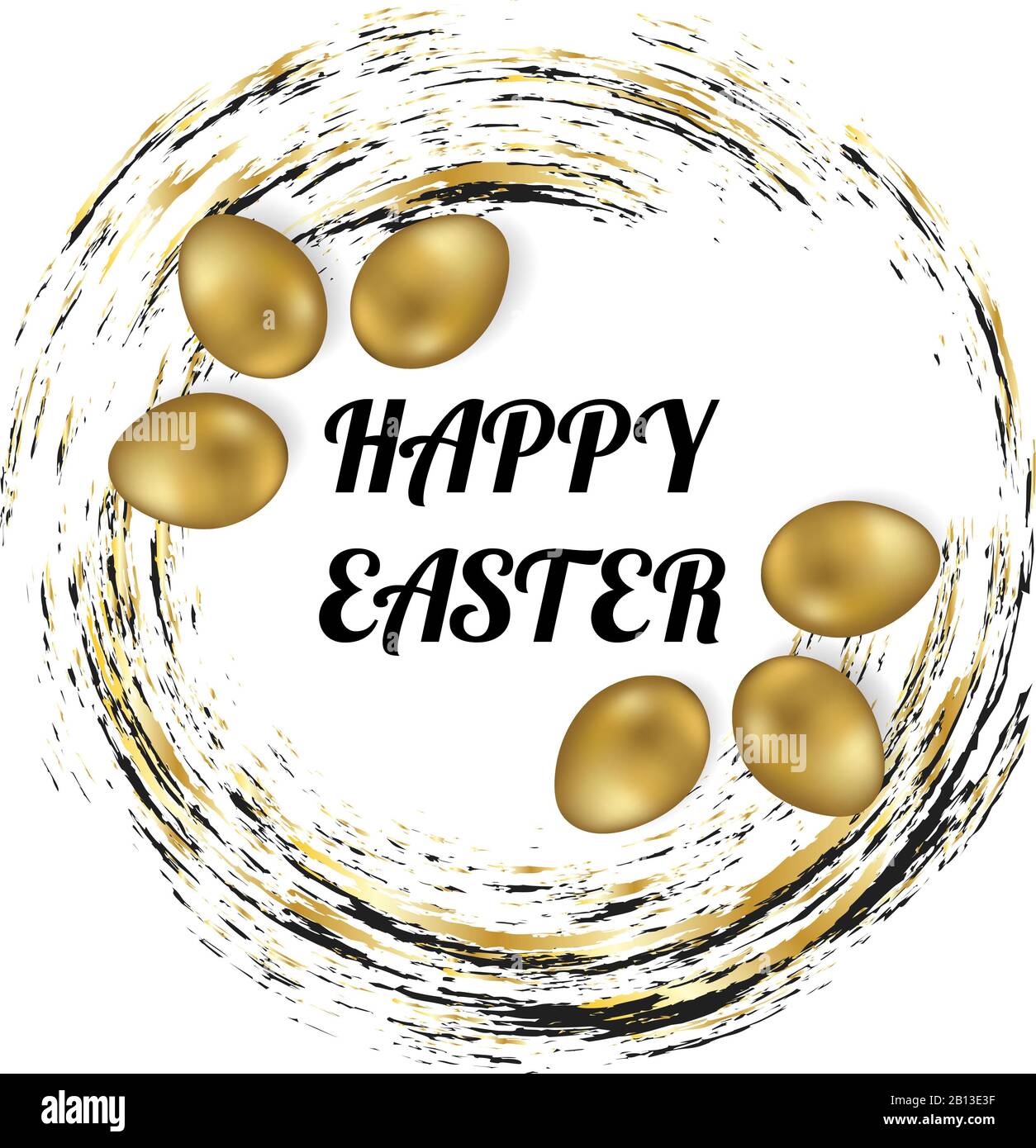 Frohe Ostern. Grußpostkarte. Goldene Eier in einem Gelege. Vektorgrafiken. Stockfoto