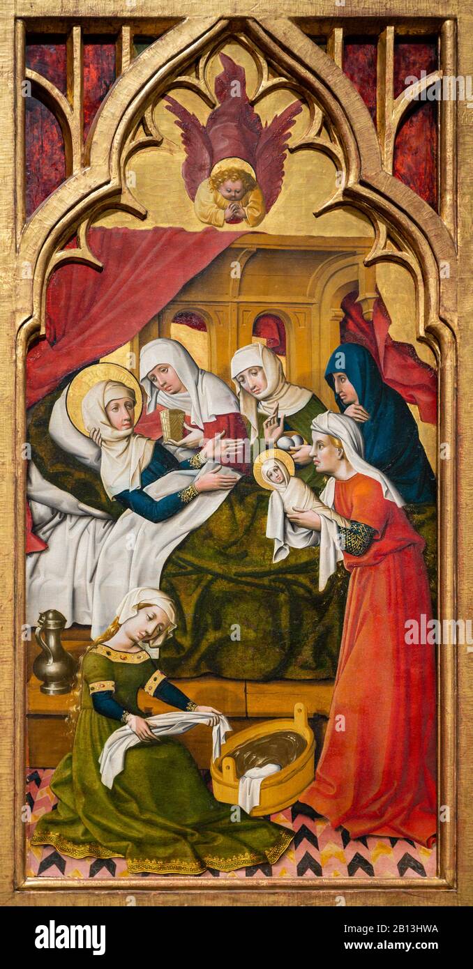 Die Geburt der Jungfrau Maria 1445. Malerei auf Tanne. Vom Meister der Burg Lichtenstein. Stockfoto