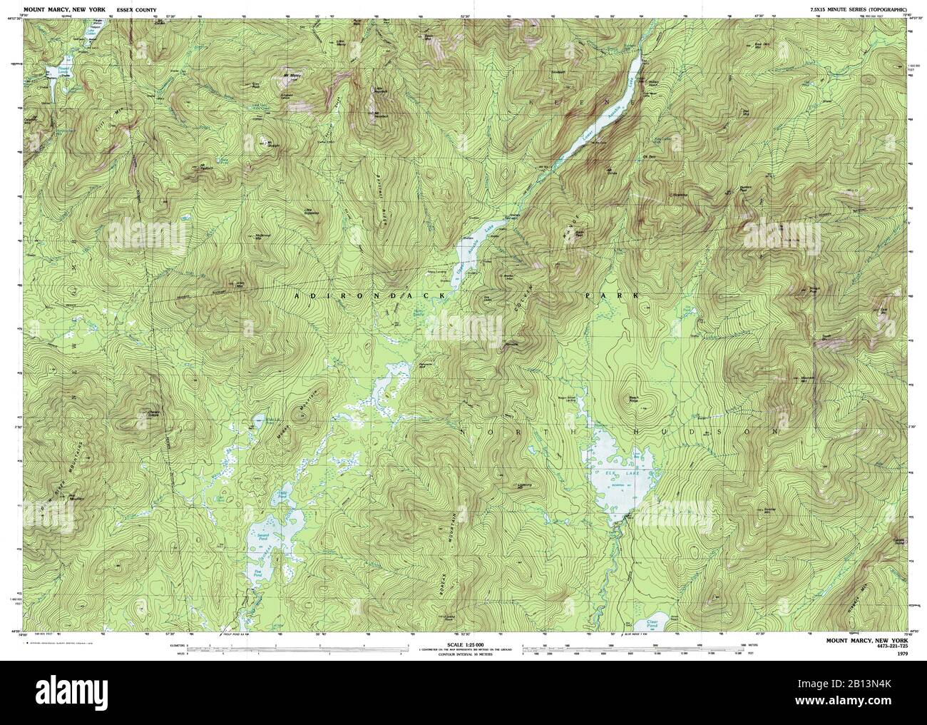 Sehr detaillierte Ansicht der topografischen Karte von 1979 für Mount Marcy, NY Stockfoto