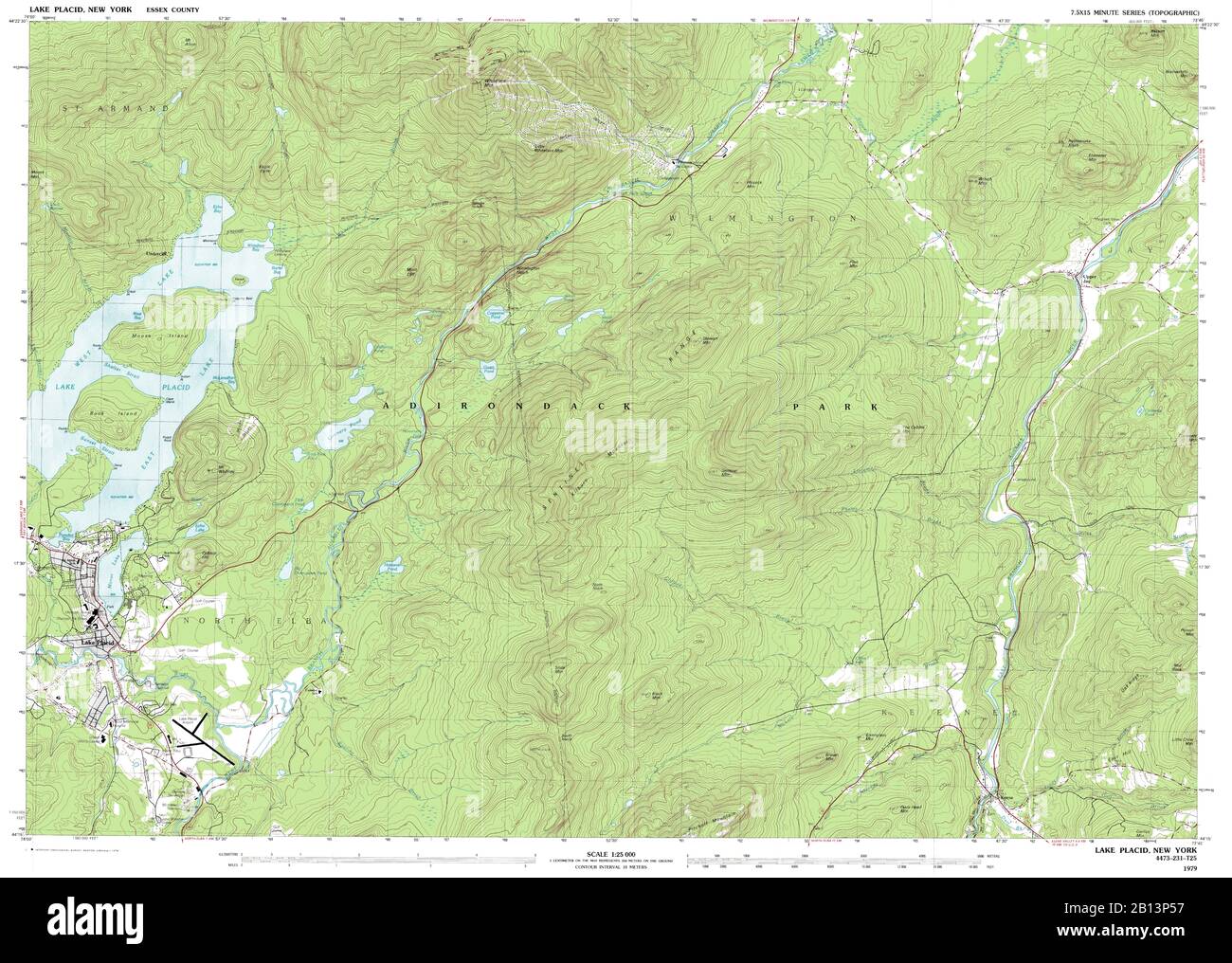 Sehr detaillierte Ansicht der topografischen Karte von 1979 für Lake Placid, NY Stockfoto