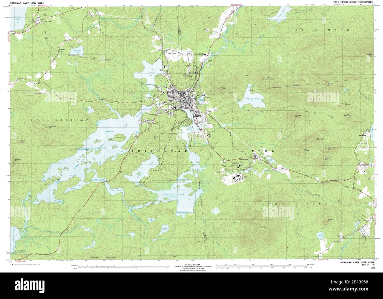 Sehr detaillierte Ansicht der topografischen Karte von 1979 für Saranac Lake, NY Stockfoto